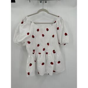 Coco & Shay Top Women Sz 3XL Milkmaid Puff Sleeve Smocked Strawberry Embroidered